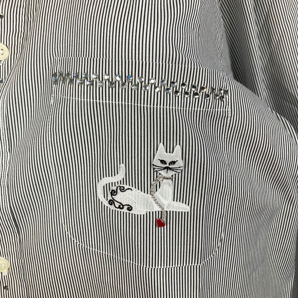 Mili Designs Shirt Womens M Black White Striped Cotton Kitty Cat‎ Vintage Button - Picture 6 of 15